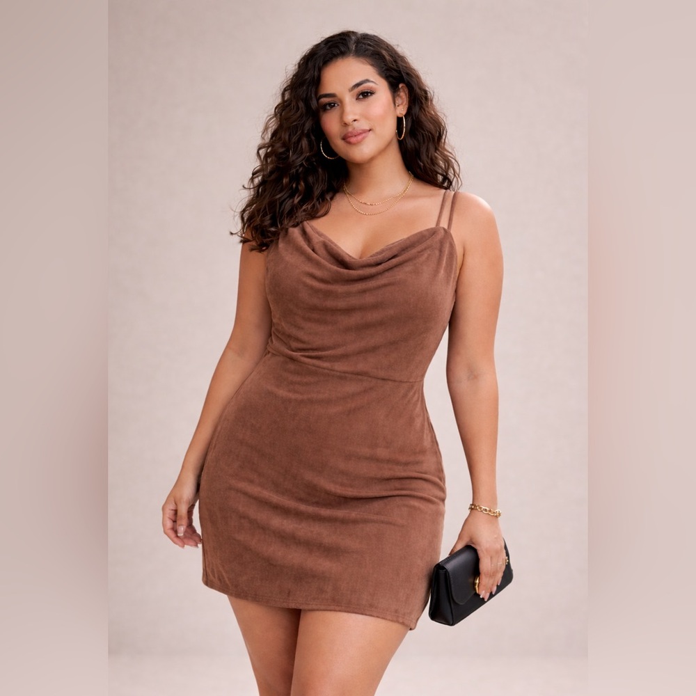Almost Famous Brown Cowl Neck Mini Dress